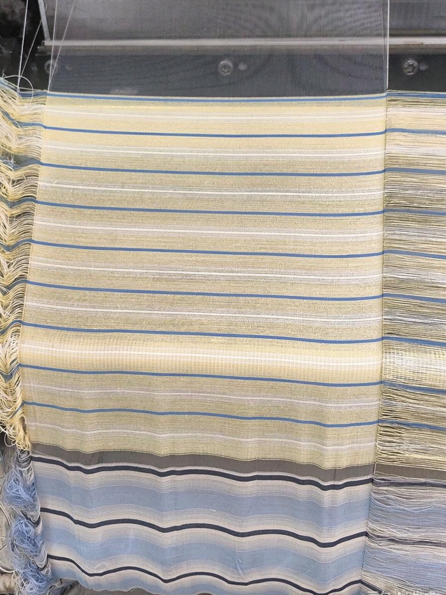 Custom Woven Fabric Development 8 Yarn-dyed special weave construction with 20D round bright nylon monofilament warp and 60S plus 16S viscose weft
