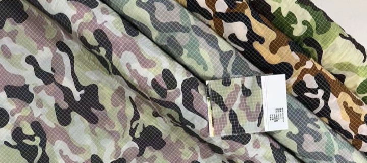 Acid-dye printing on nylon: rolls of camouflage printed 4-way stretch fabric