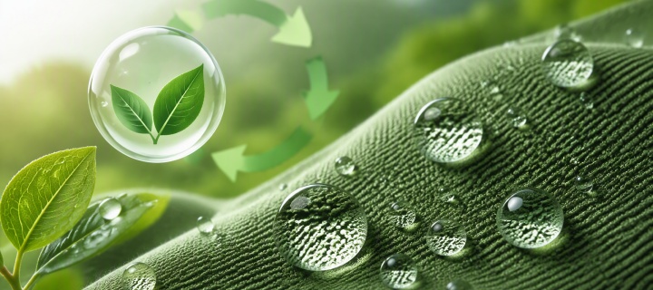 PFAS-free DWR finish: water beading on a green nylon fabric surface with leaf motif