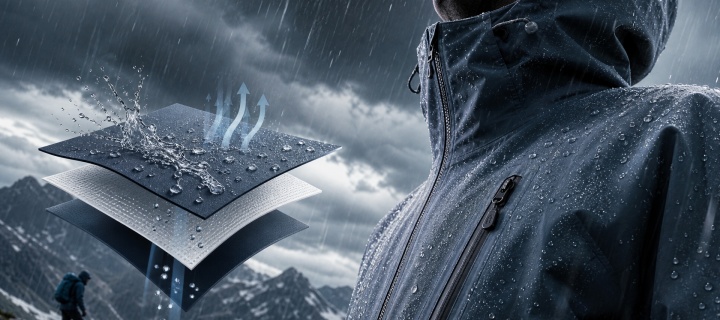 TPU and ePTFE lamination: waterproof breathable membrane bonded under a rain-soaked shell fabric