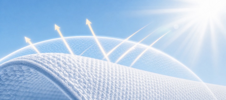 UV protection UPF 50+ finish: sunlight blocked by a protective shield over white nylon fabric