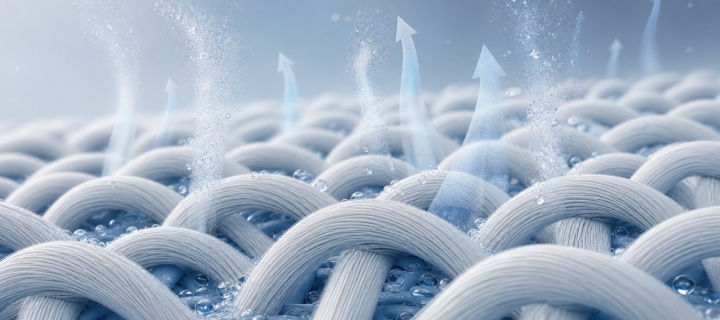 Wicking and quick-dry finish: moisture vapour rising through the loops of a nylon knit structure