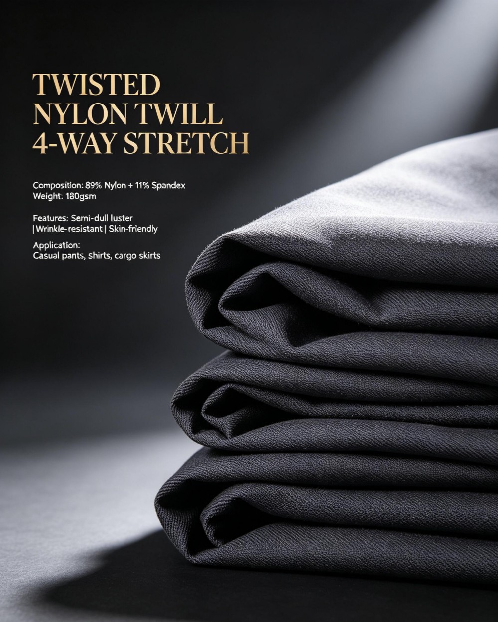 Nylon 4-way stretch woven fabric, twisted twill construction in charcoal grey