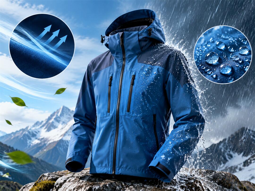Waterproof breathable laminated fabric - hardshell jacket shedding heavy rain, with vapour and water-beading close-ups of the TPU membrane