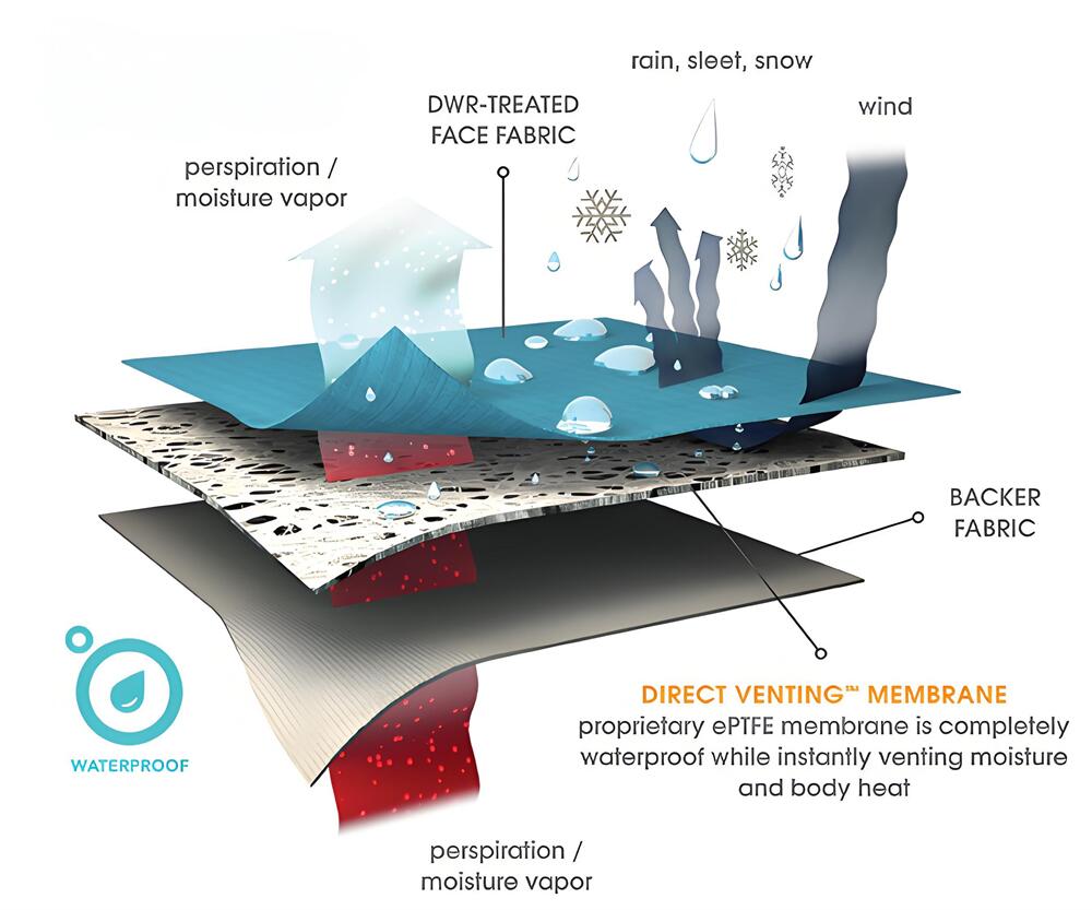 Exploded diagram of 3-layer laminated fabric: DWR face fabric, ePTFE membrane and backer fabric blocking rain and wind while venting perspiration