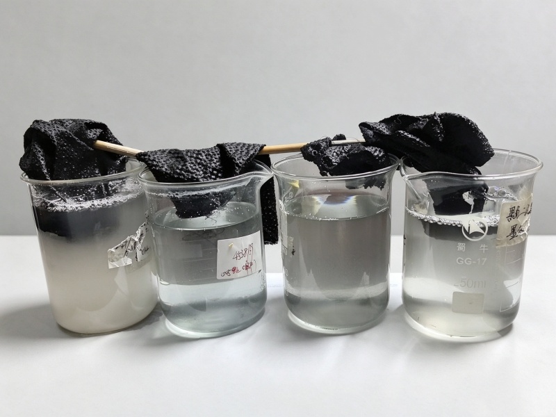 High colorfastness test on woven stretch fabric — dyed sample showing no fading after washing